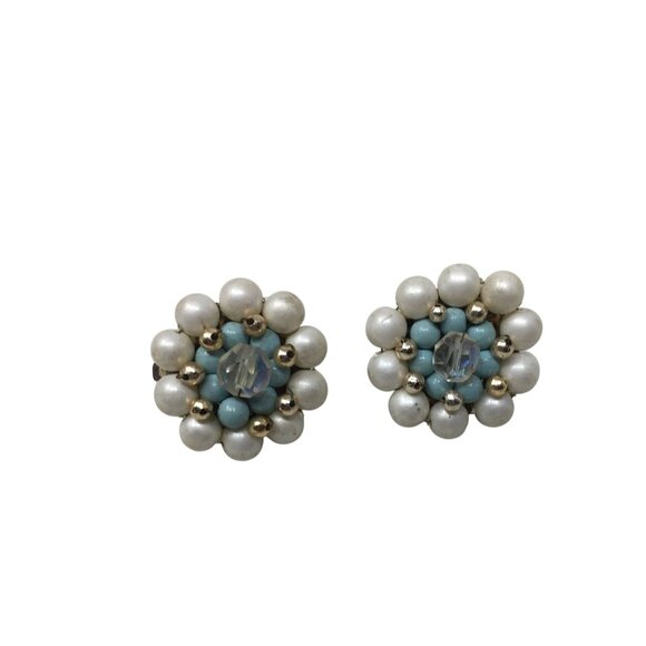 Jewelry - Vintage Women's White, Blue and Gold Tone Beaded Flower Shaped Clip on Earrings